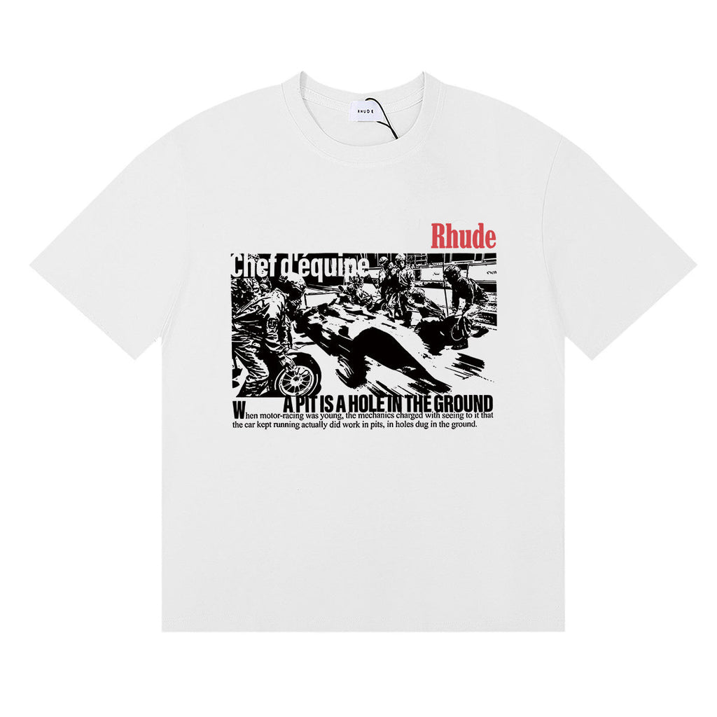 Rhude T-shirts Racing Tire Change Scene Printed Cotton Casual Short Sleeves Men and Women