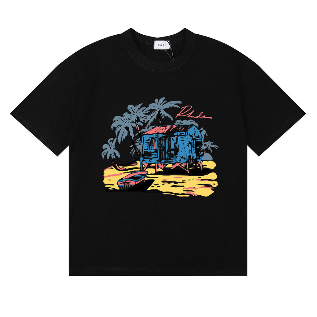 Rhude T-shirts Beach Coconut House Printed Cotton Casual Crew Neck Short Sleeve Men and Women