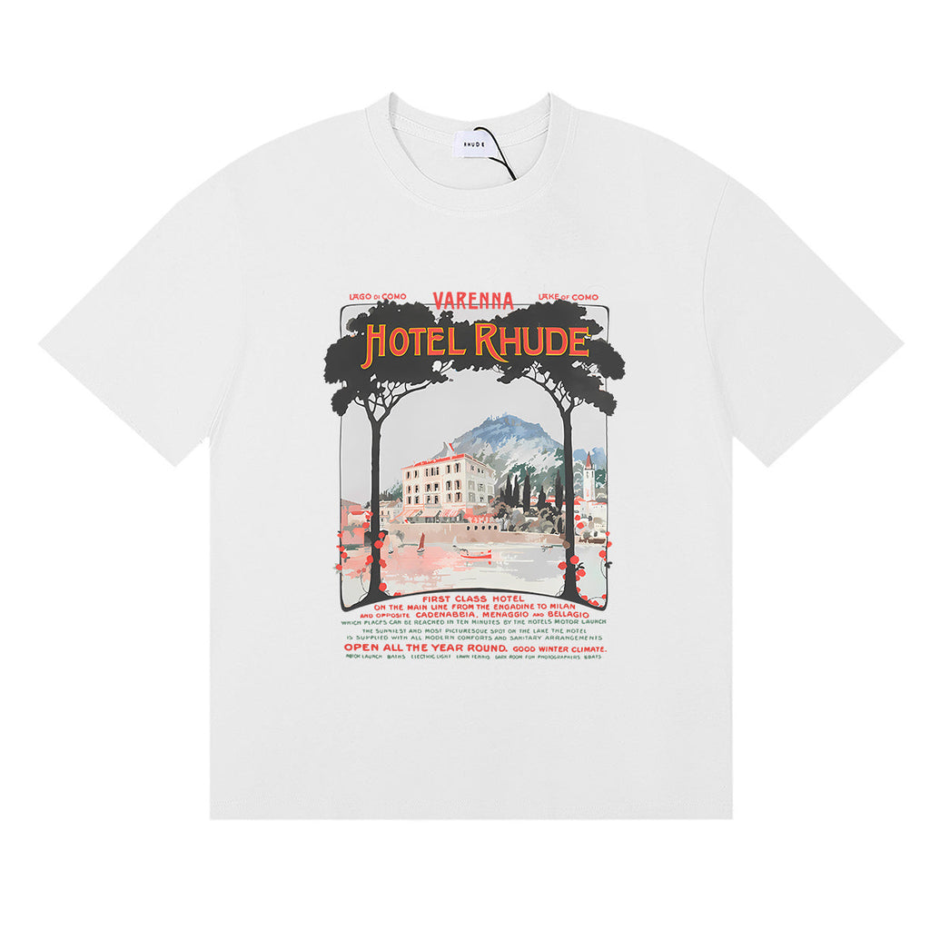 Rhude T-shirts Varenna Town Printed Cotton Casual Short Sleeves Men and Women