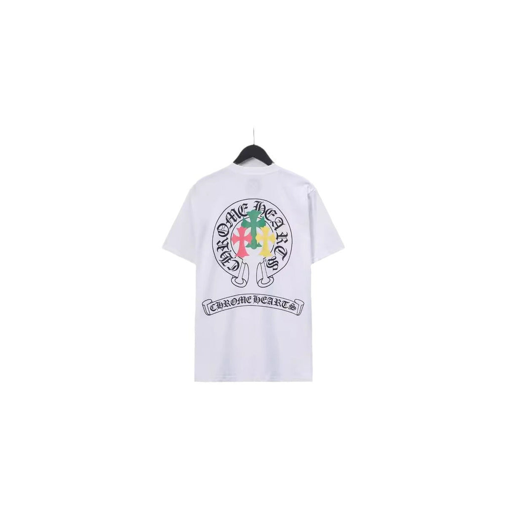 Chrome Heart T Shirts Crowe Scroll Heart Color Cross Print Crew Neck Short Sleeve