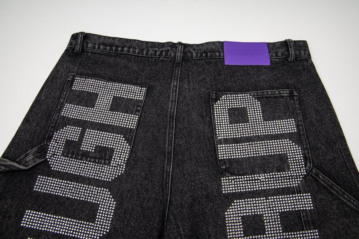 THAT'S A AWFUL LOT OF COUGH SYRUP Rhinestone Washed Denim Shorts ¡ª detail